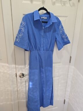 Blue Embroidered Sleeve Midi Dress - Unbranded